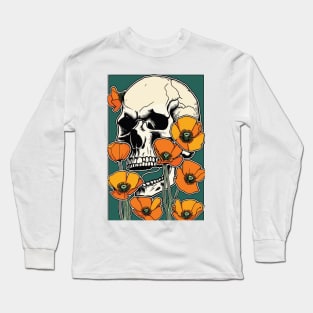 Back to the Earth: California Dreaming, Goth skull surrounded by ca poppies, gothic skull with orange poppy Long Sleeve T-Shirt